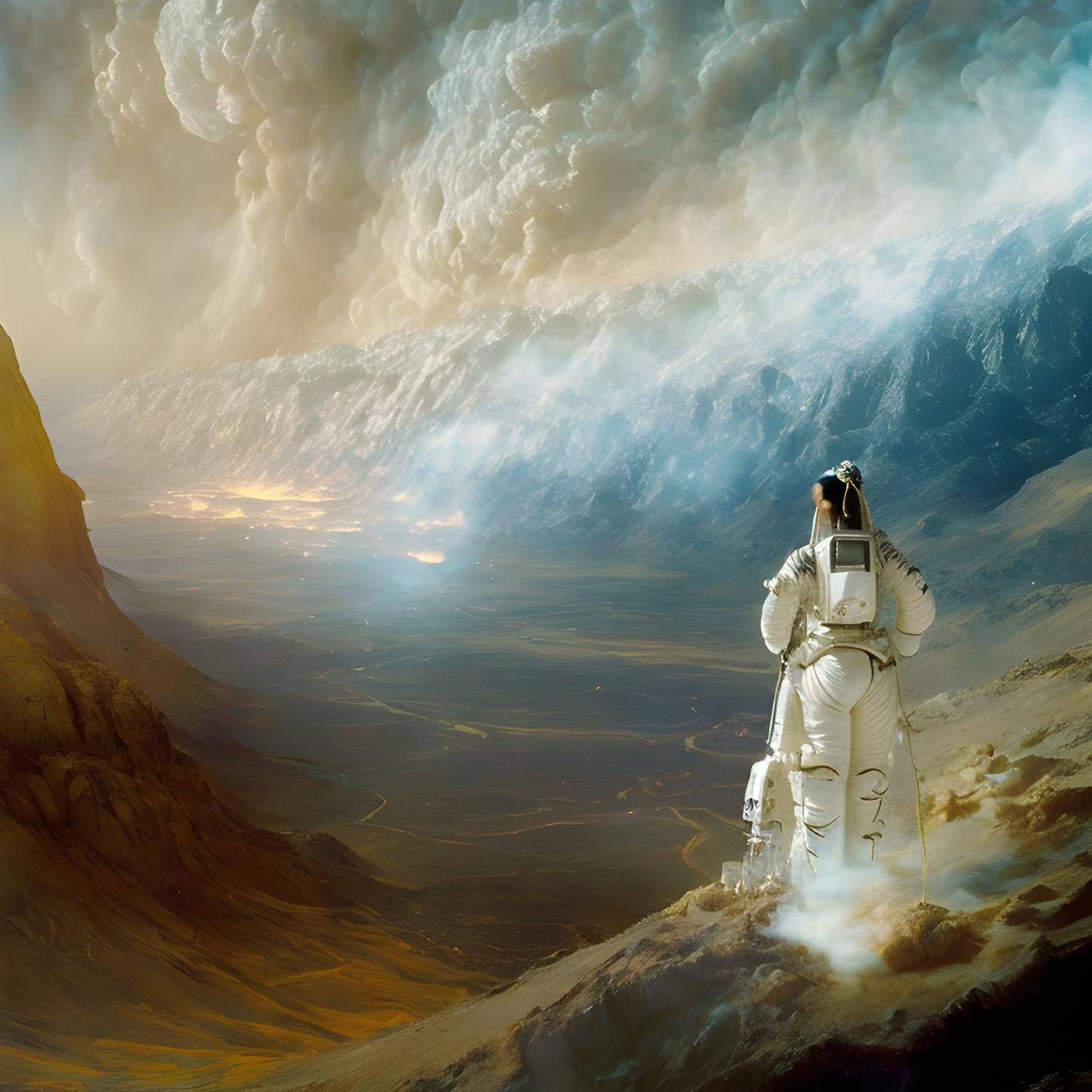 Astronaut on alien landscape with towering clouds and golden sun glow