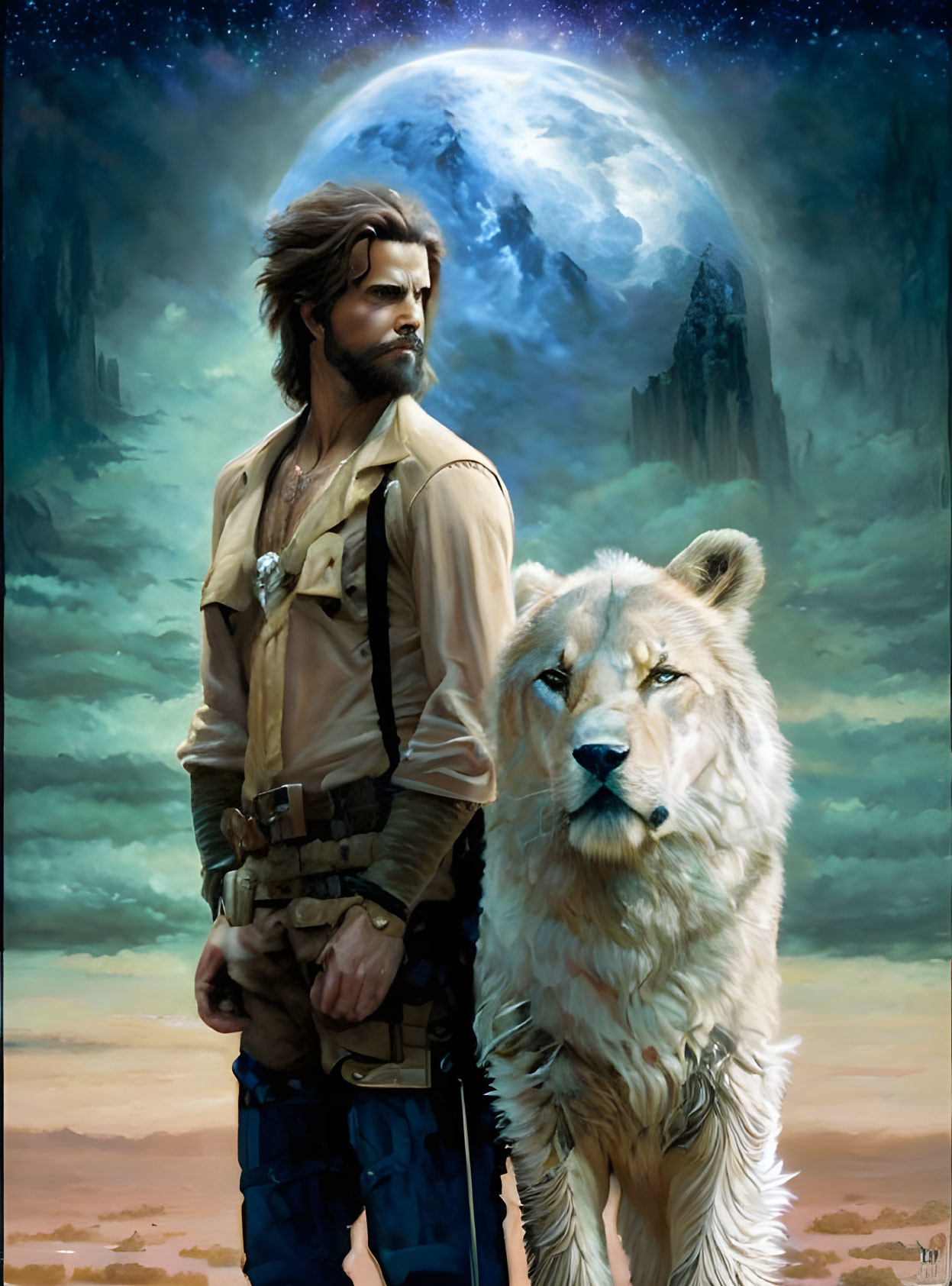 Bearded man with wolf in surreal landscape and giant moon