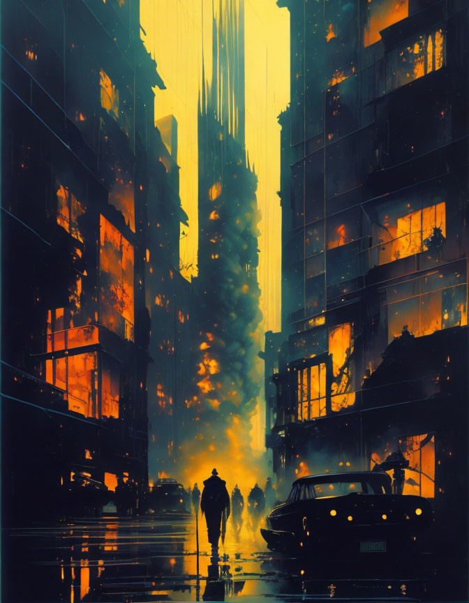 Solitary figure in cyberpunk scene with classic car and neon-lit street