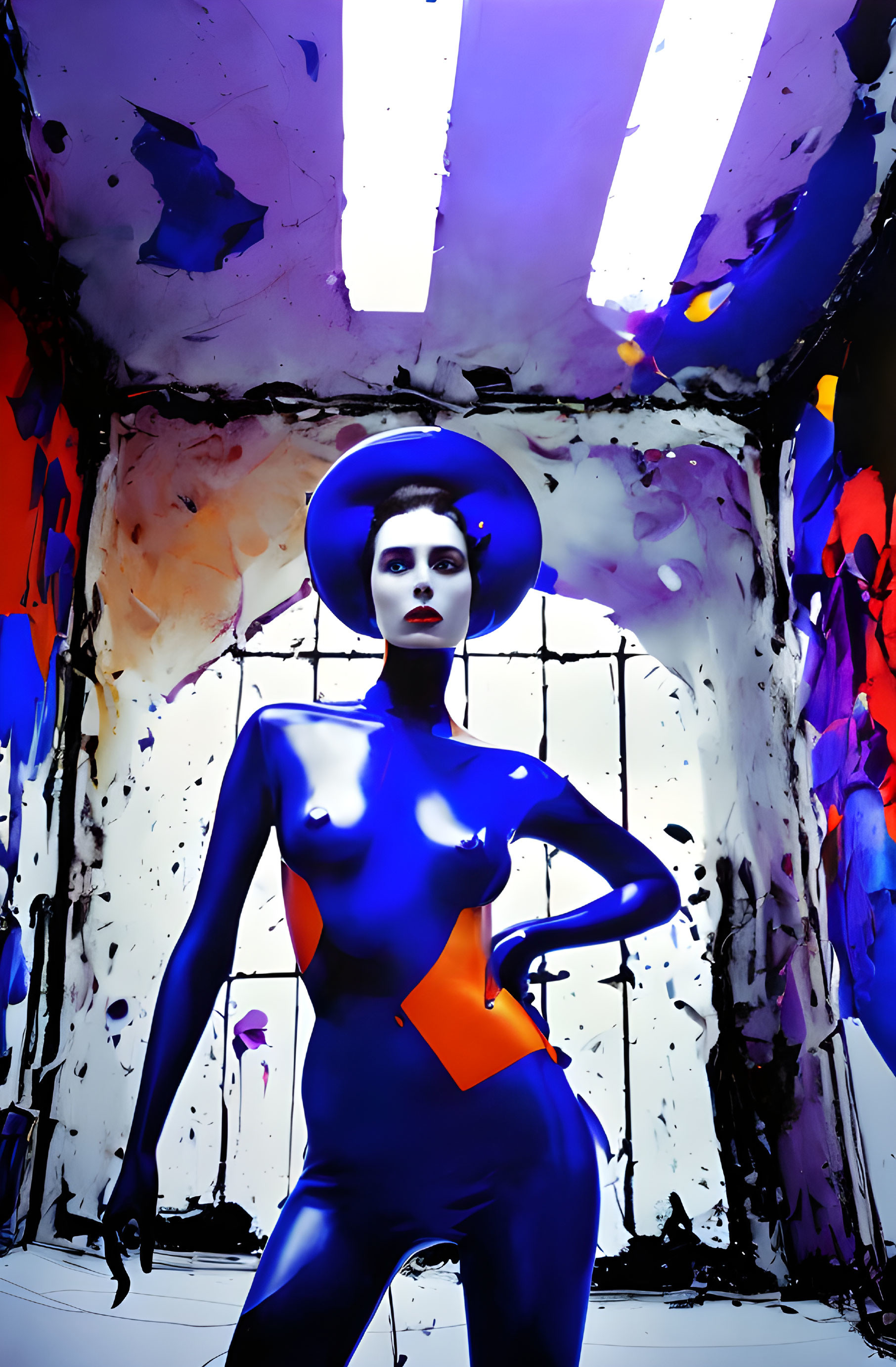 Surreal stylized female figure in glossy blue with orange accent in abstract paint-splattered room