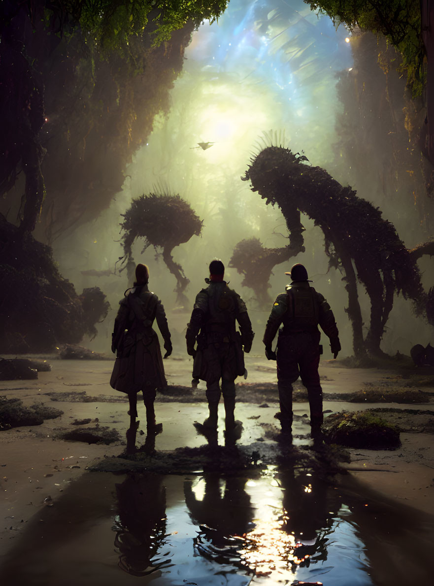 Mysterious forest scene with explorers and ethereal light