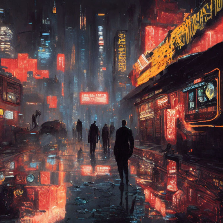 Silhouetted figures in rain-soaked neon-lit cityscape at night