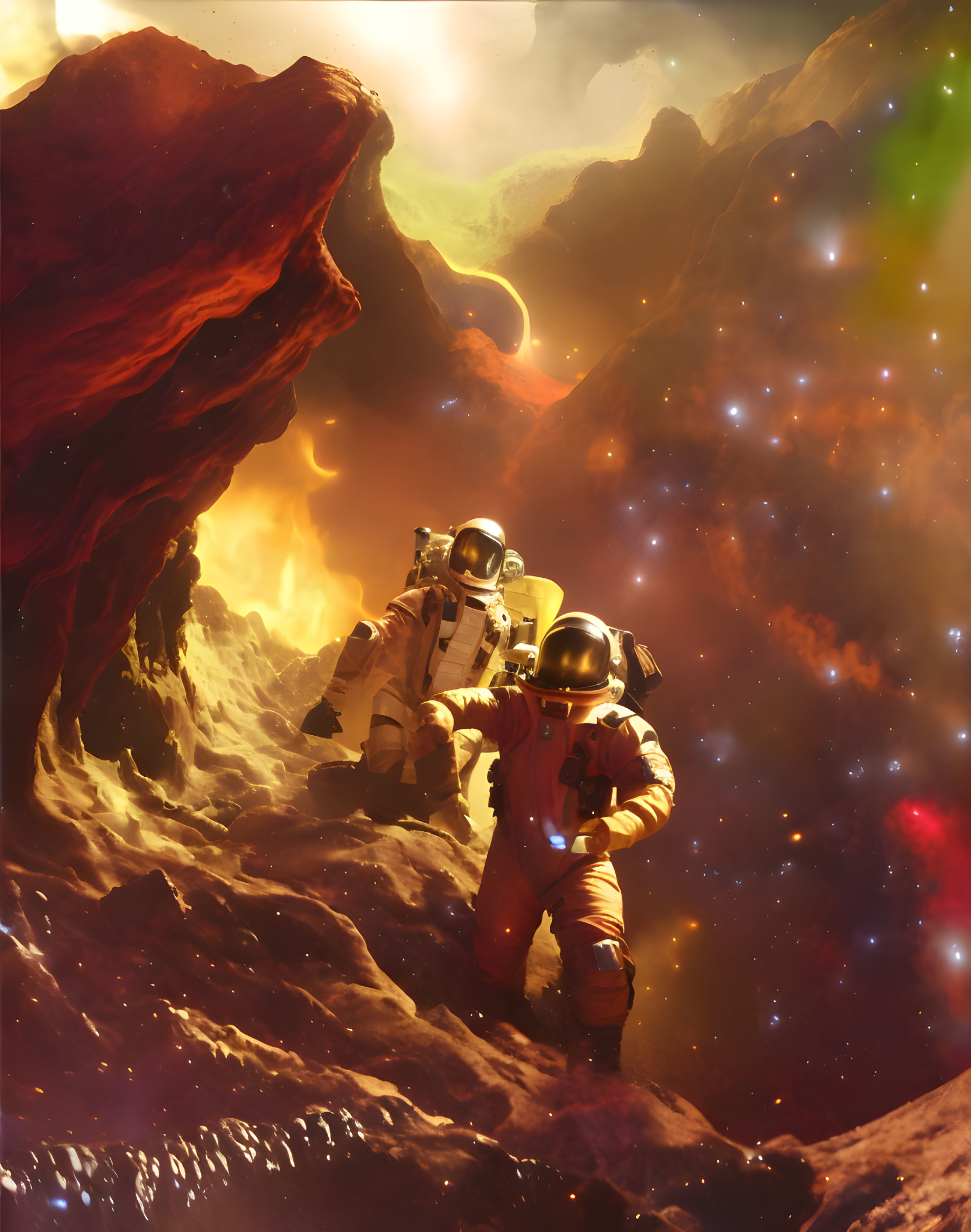 Astronauts exploring rocky alien landscape under cosmic stars.