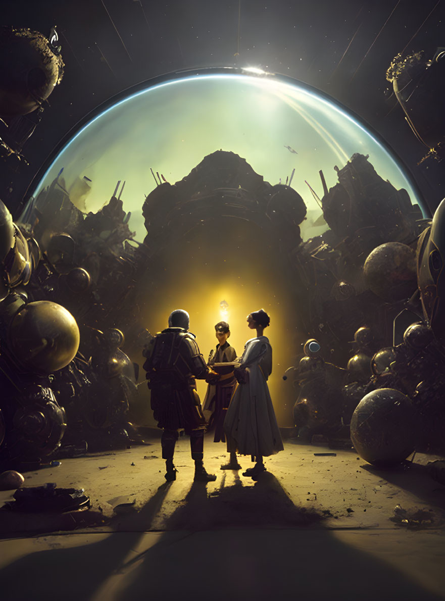 Dystopian scene with figures under dome amidst debris and orbs