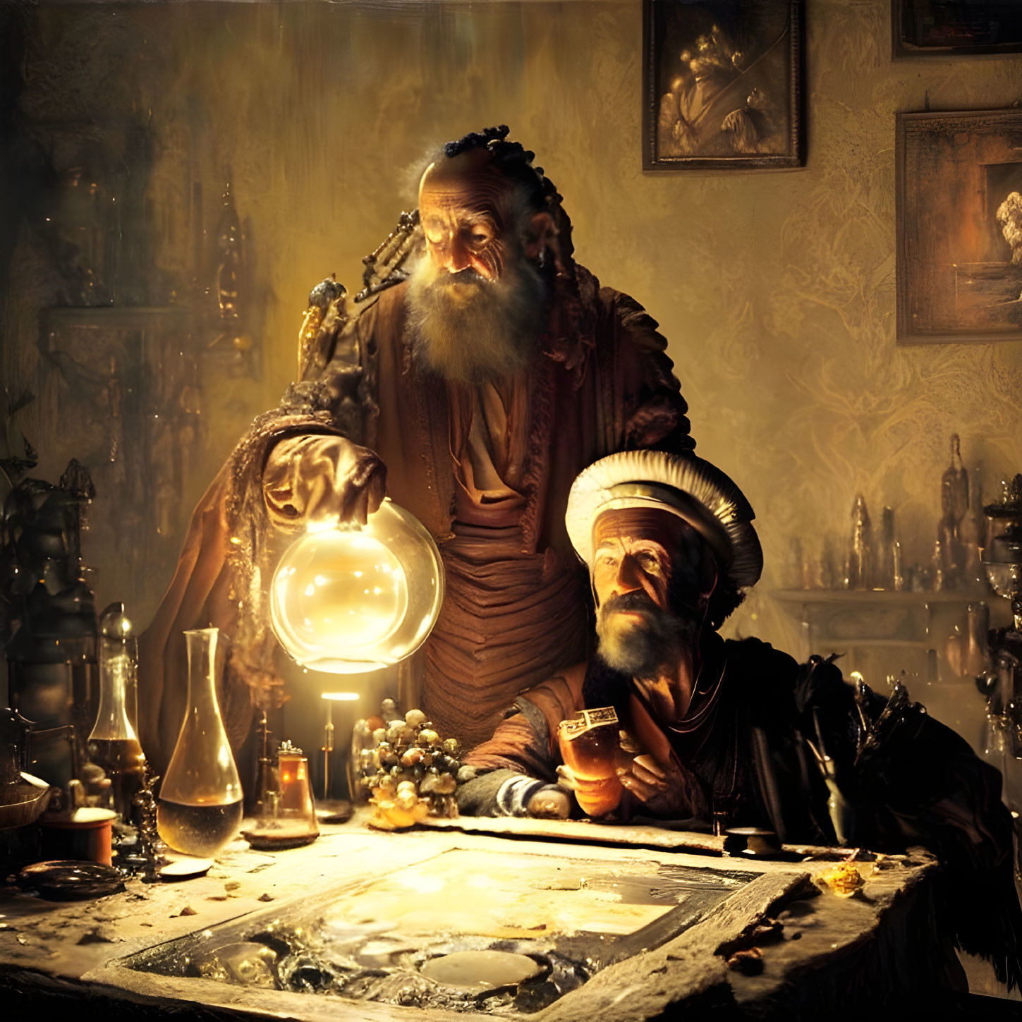 Renaissance individuals examine glowing orb in cluttered alchemist's workshop