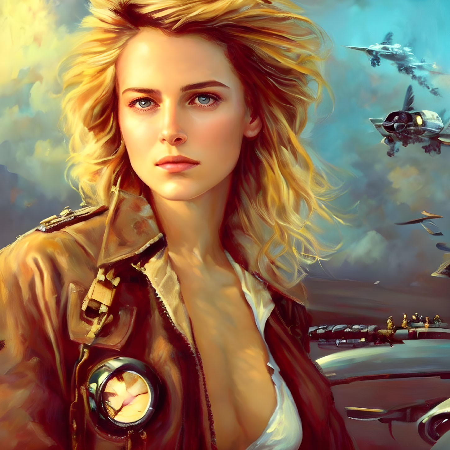 Blonde woman in pilot jacket with fighter jets and aircraft carriers.