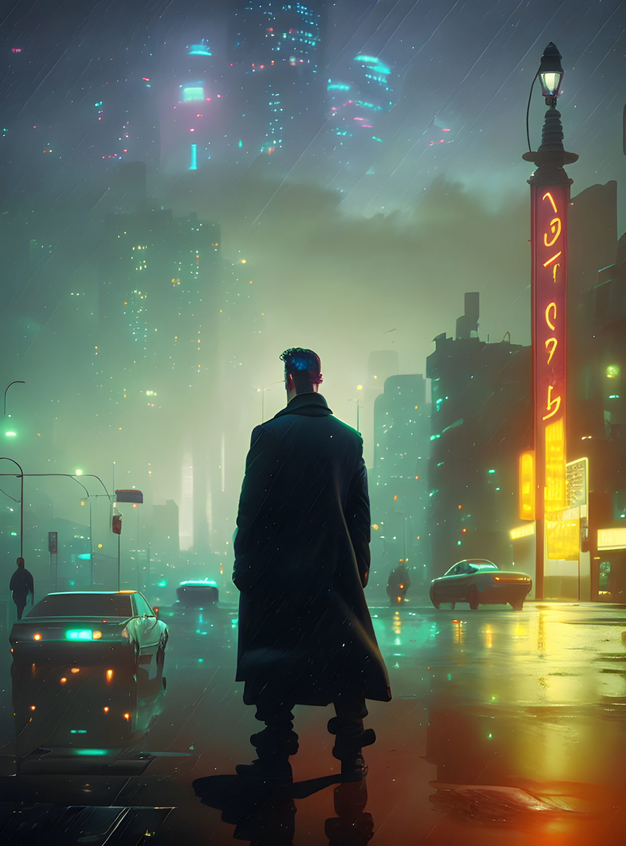 Man in coat on rainy neon-lit street at night with futuristic cityscape.