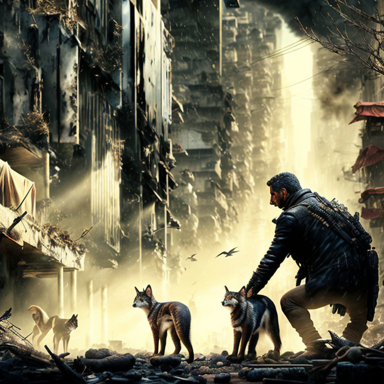 Man with backpack surrounded by wolves in ruined city street with birds and sunlight.