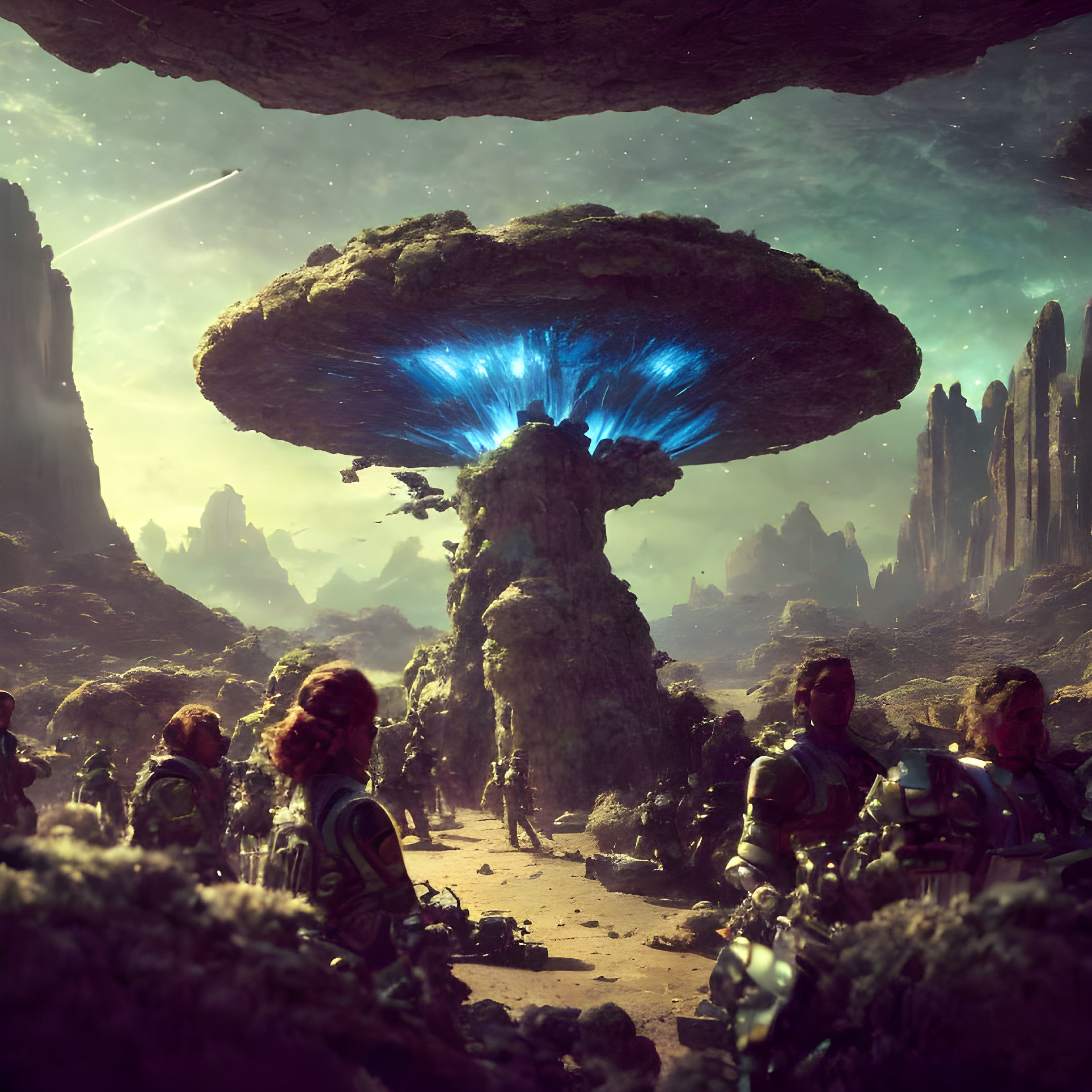 Futuristic soldiers on alien planet with blue-glowing mushroom structure