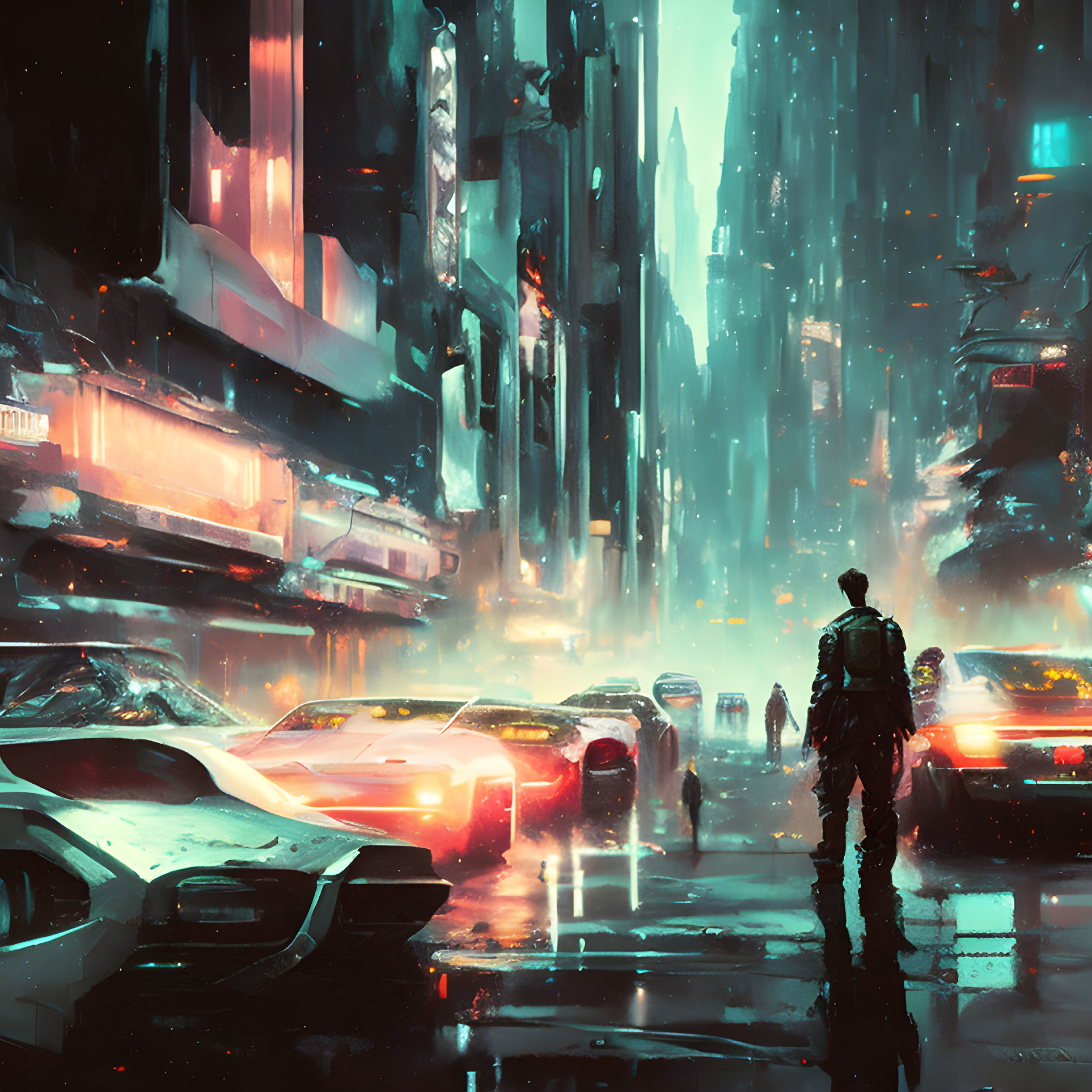 Futuristic cityscape with rain-soaked streets and flying cars