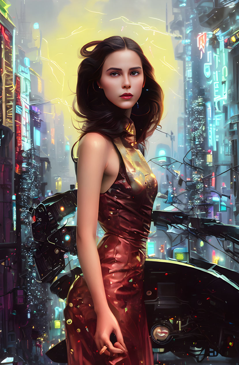 Woman in red dress against neon-lit cityscape with glowing aura