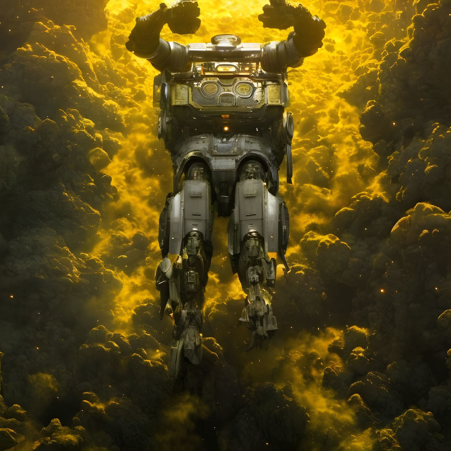 Giant humanoid robot in bulky armor with cannons, surrounded by glowing particles on rocky terrain