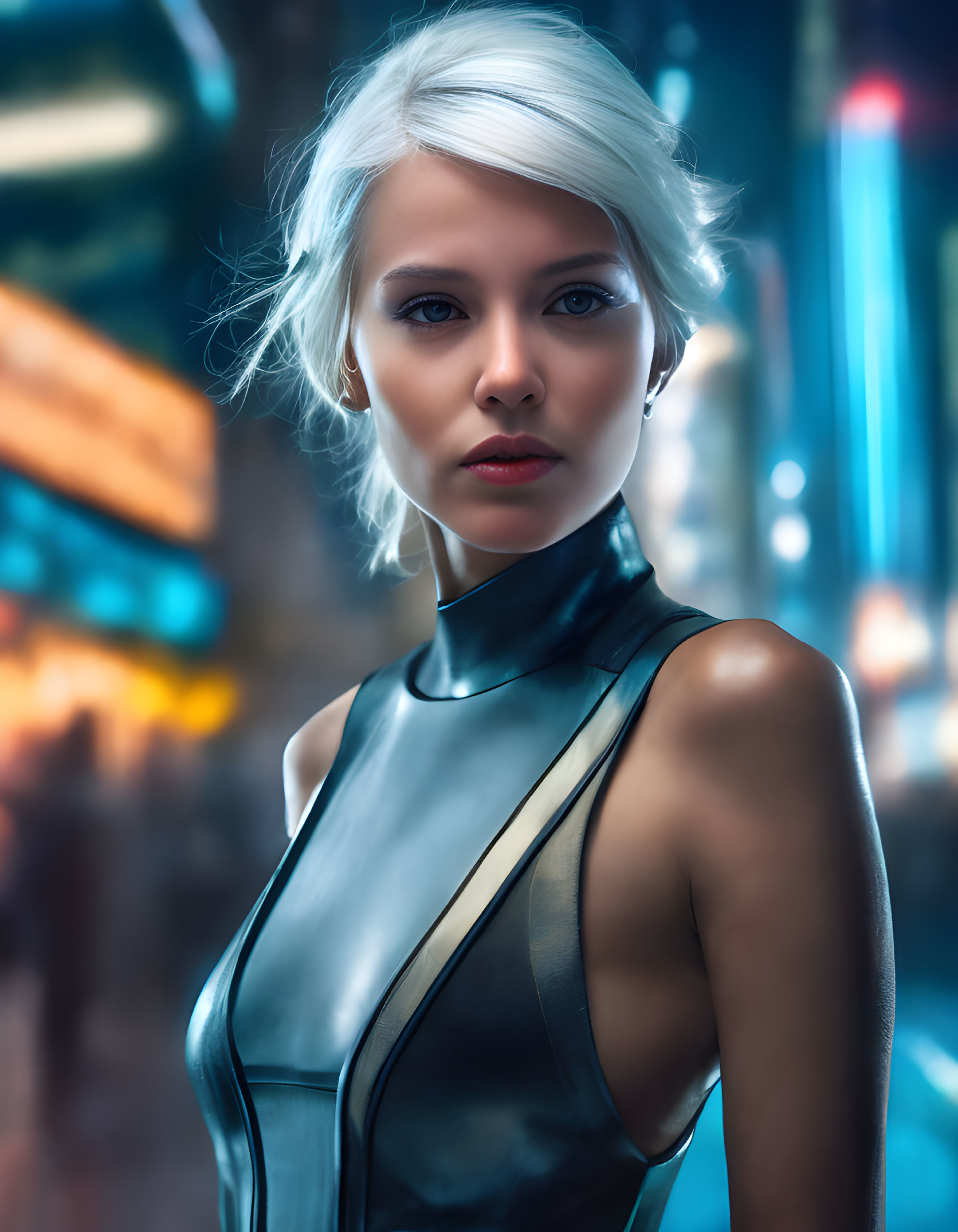 Platinum blonde woman in black leather against vibrant cityscape