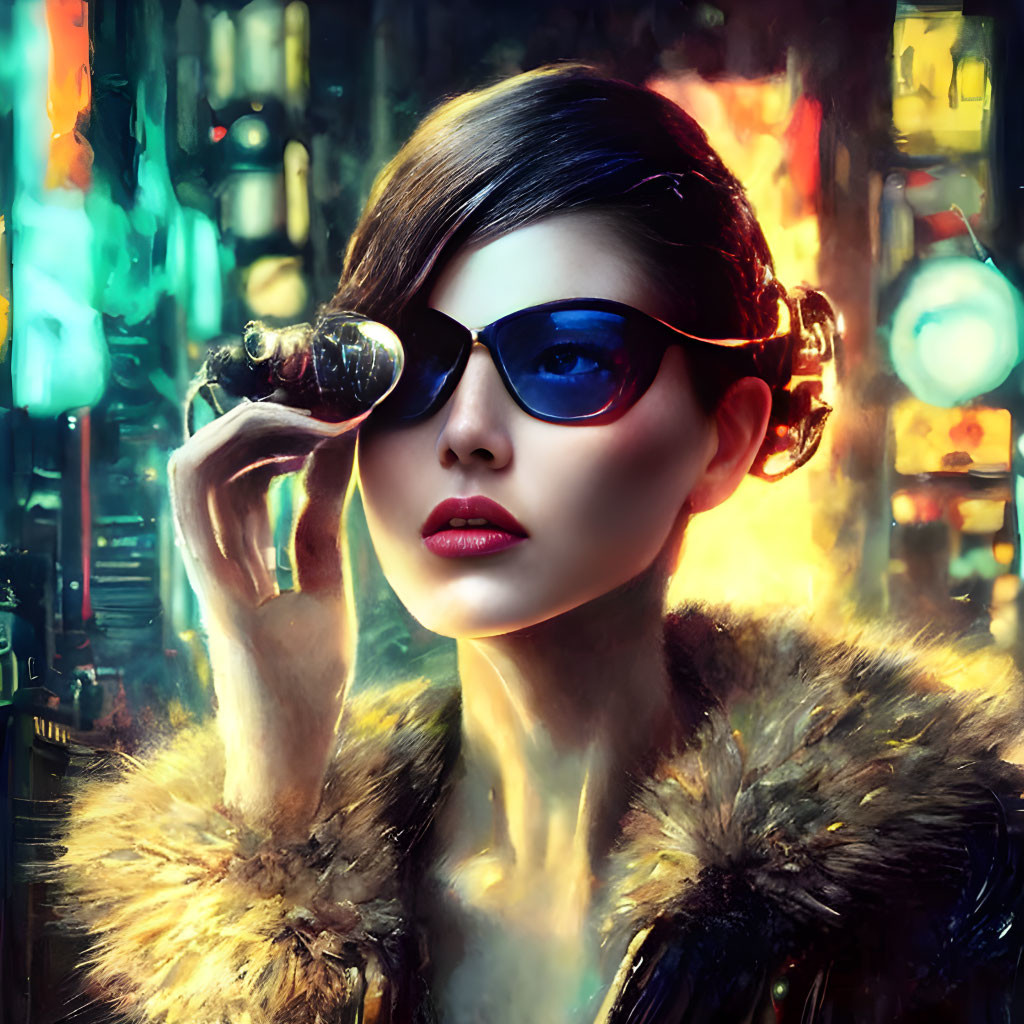 Fashionable woman in blue sunglasses and fur coat with monocular against neon-lit backdrop