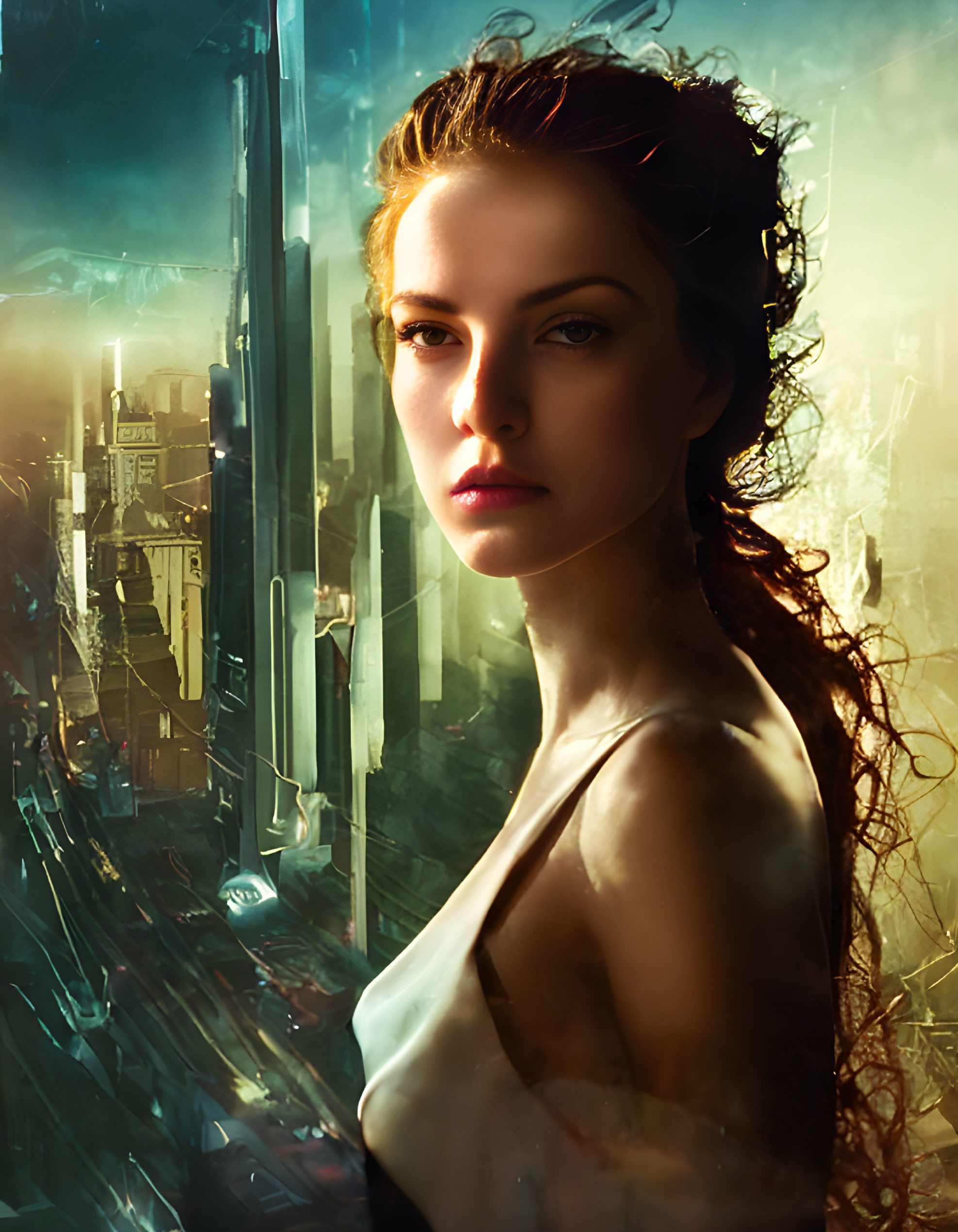 Intense gaze woman with wavy hair in futuristic city backdrop