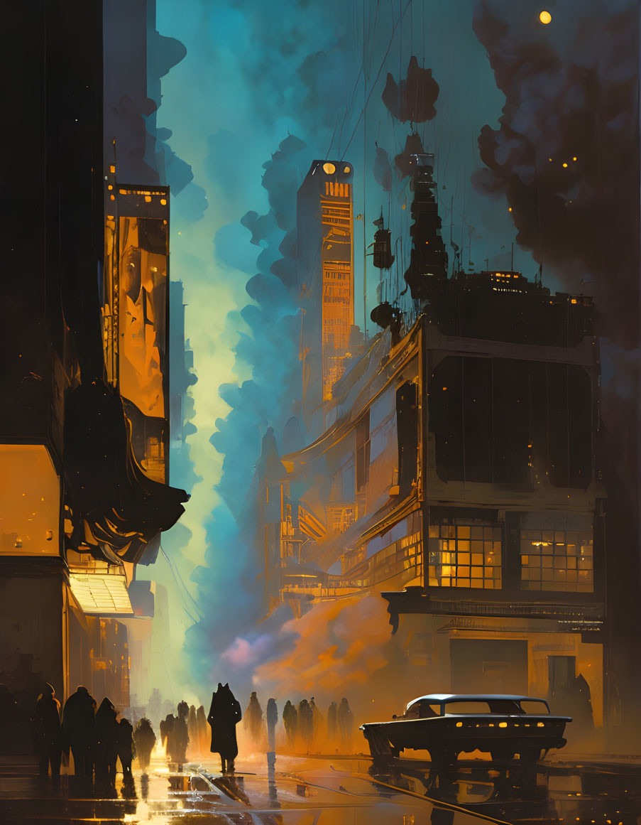 Futuristic cityscape at dusk with towering buildings and floating vehicles.