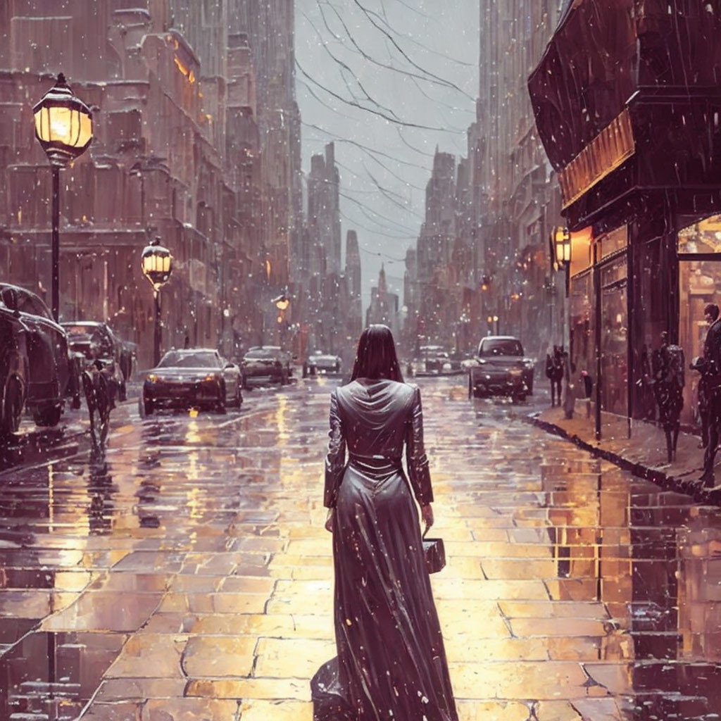 Person in Black Coat Stands on Snowy City Street