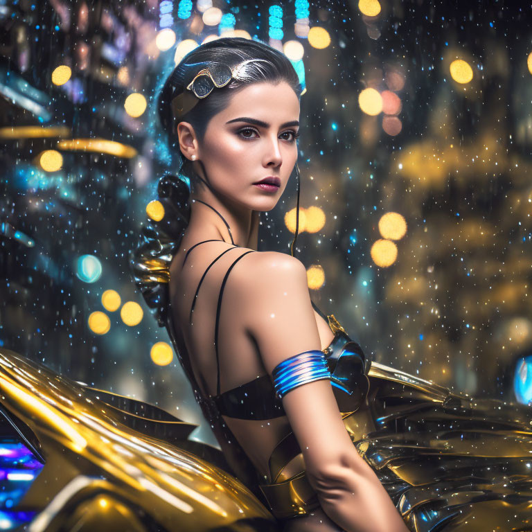 Futuristic woman in metallic attire against bokeh backdrop