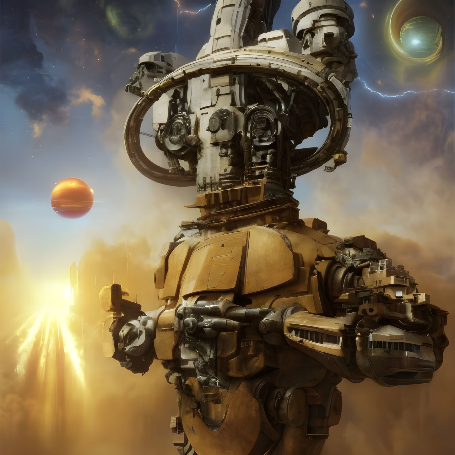 Intricate towering robot against dramatic celestial sky