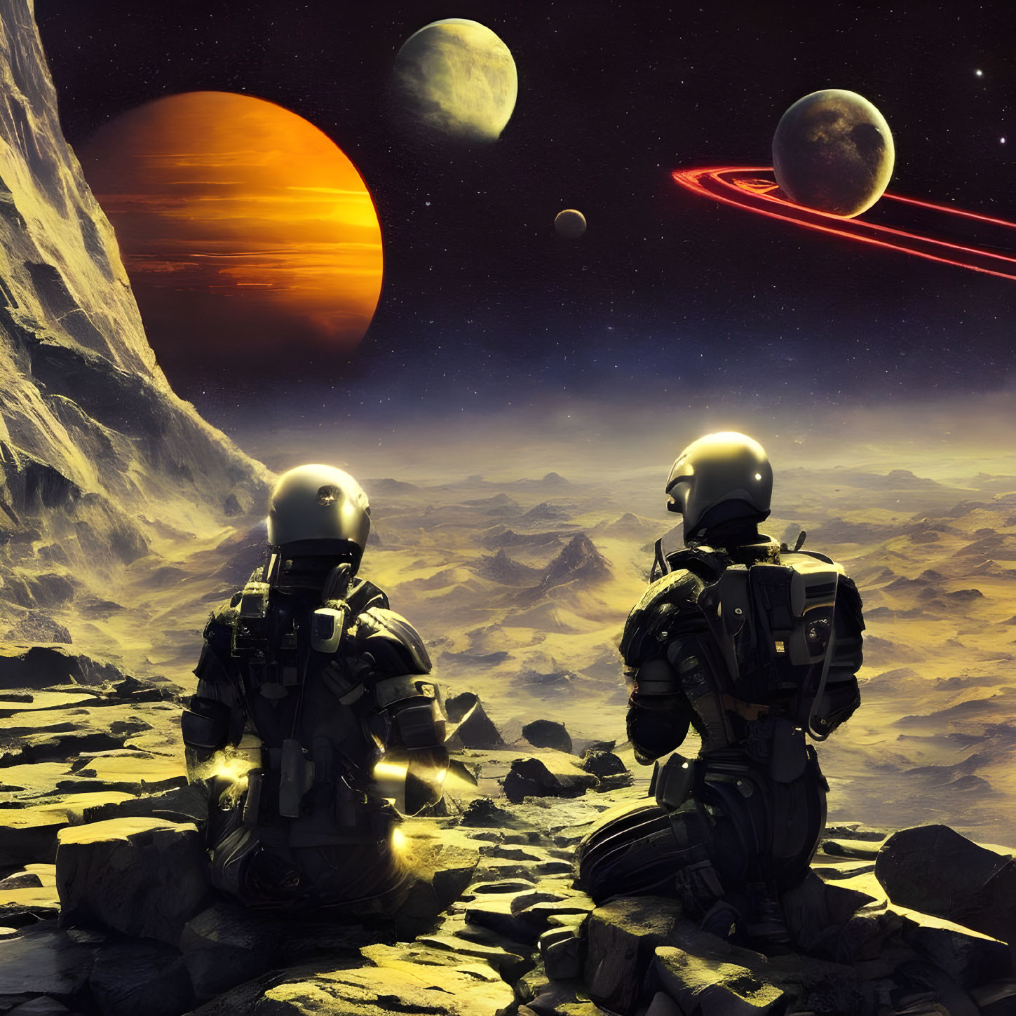 Astronauts in alien desert with moons and ringed planet