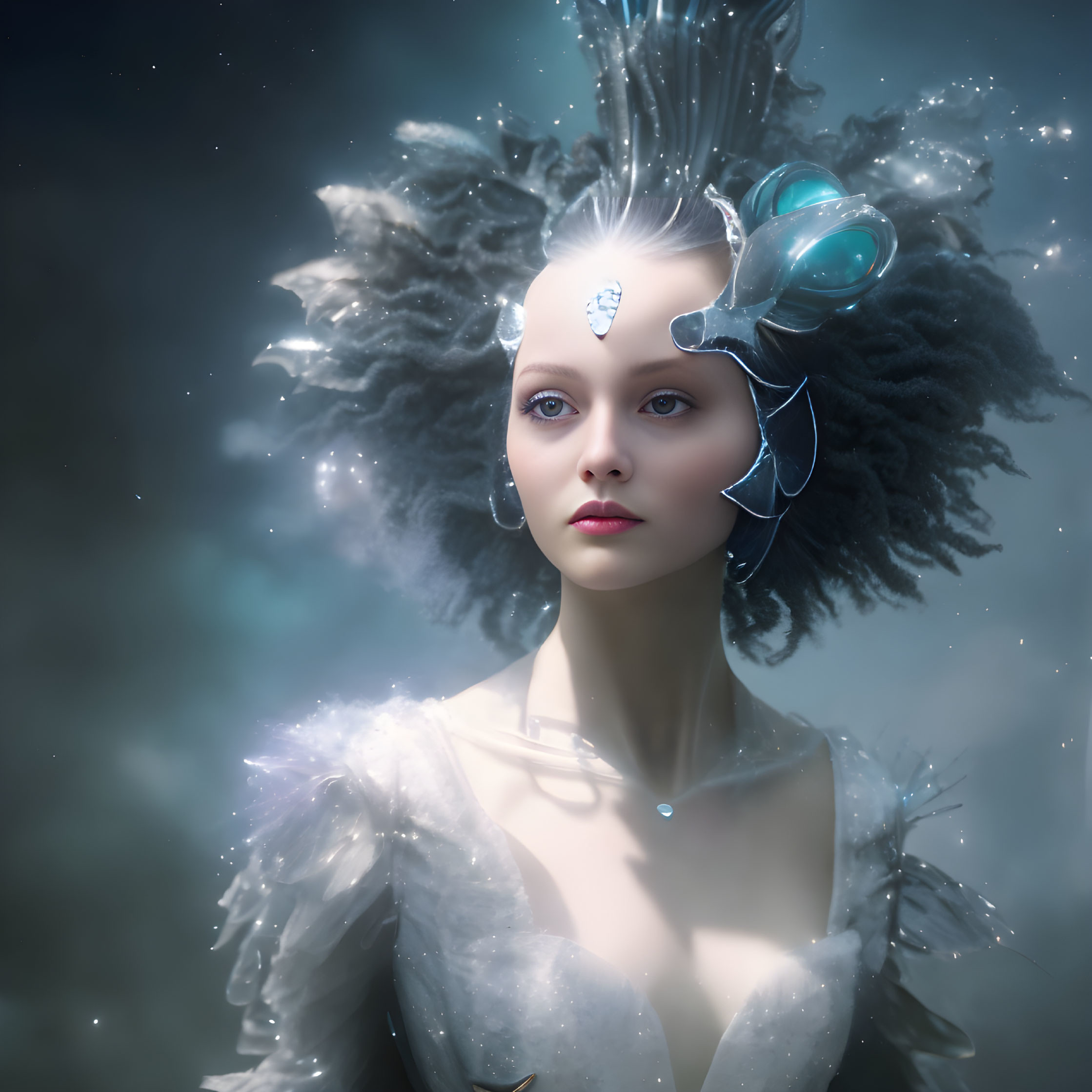 Fantastical woman with pale skin, feathered headdress, and intricate jewelry in misty setting