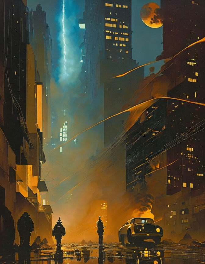 Futuristic night cityscape with moon, towering buildings, lights, figures, and classic car