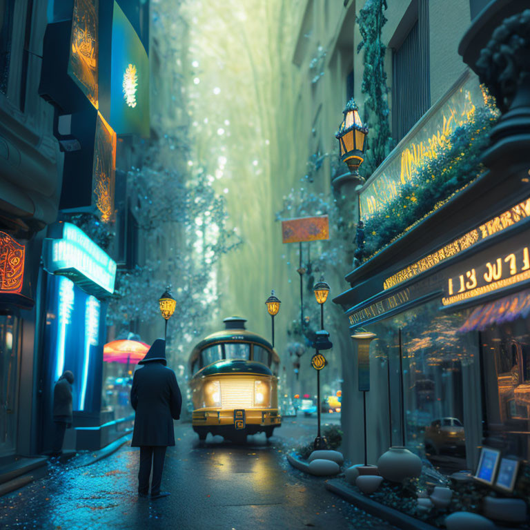 Person in hat on snowy street with vintage tram and festive decorations