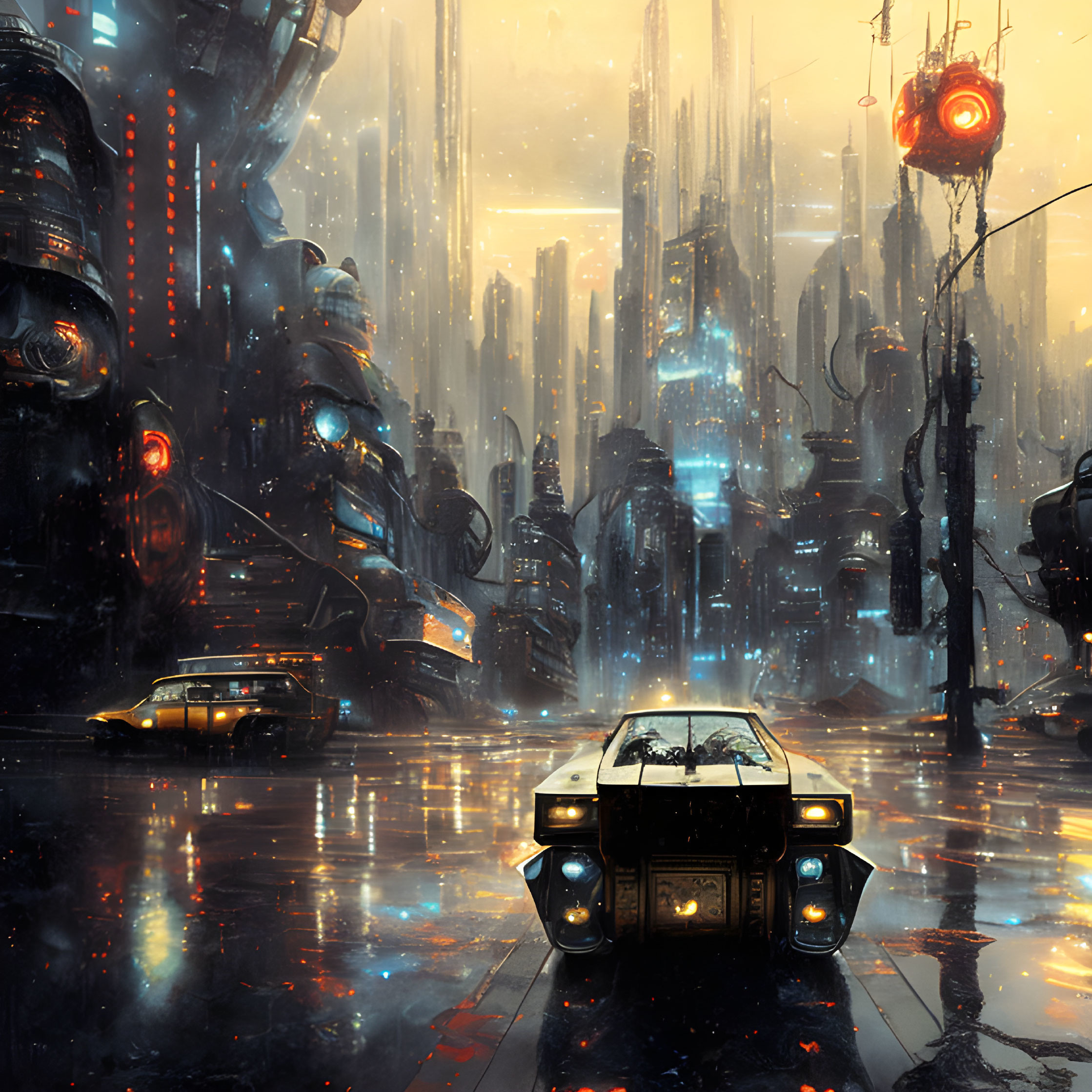 Futuristic cityscape with skyscrapers, hovering traffic light, sleek car in neon-lit