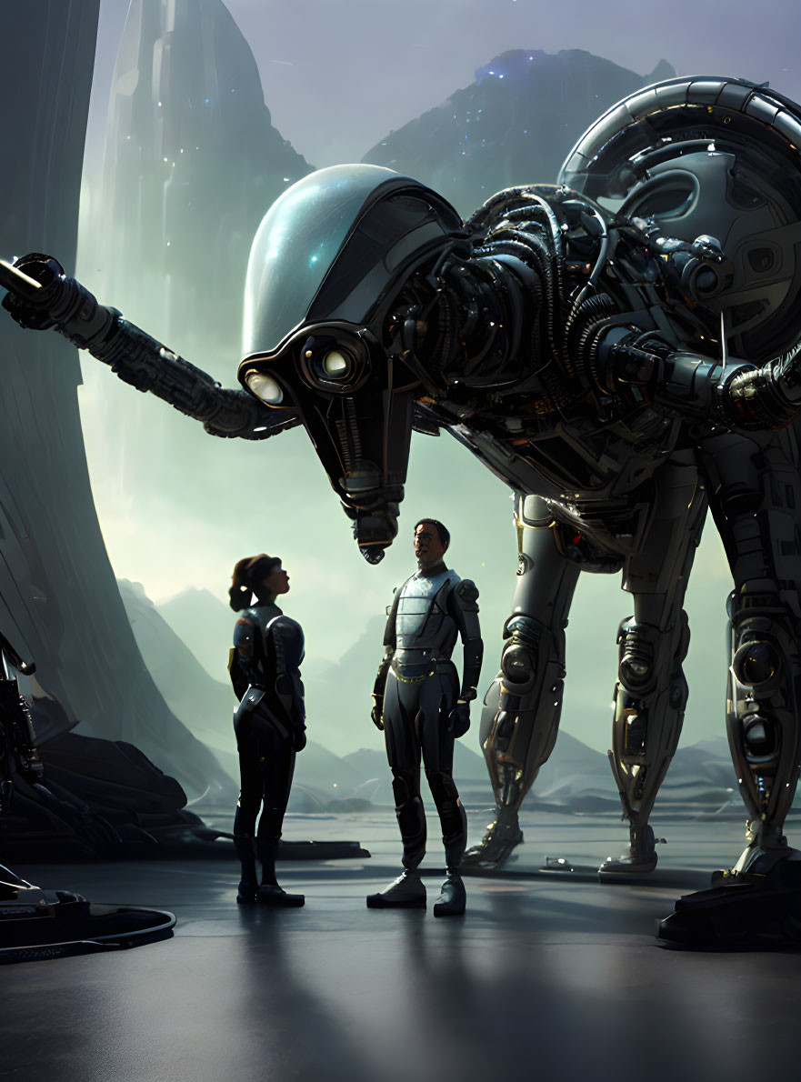 Futuristic individuals with large robot in dramatic landscape