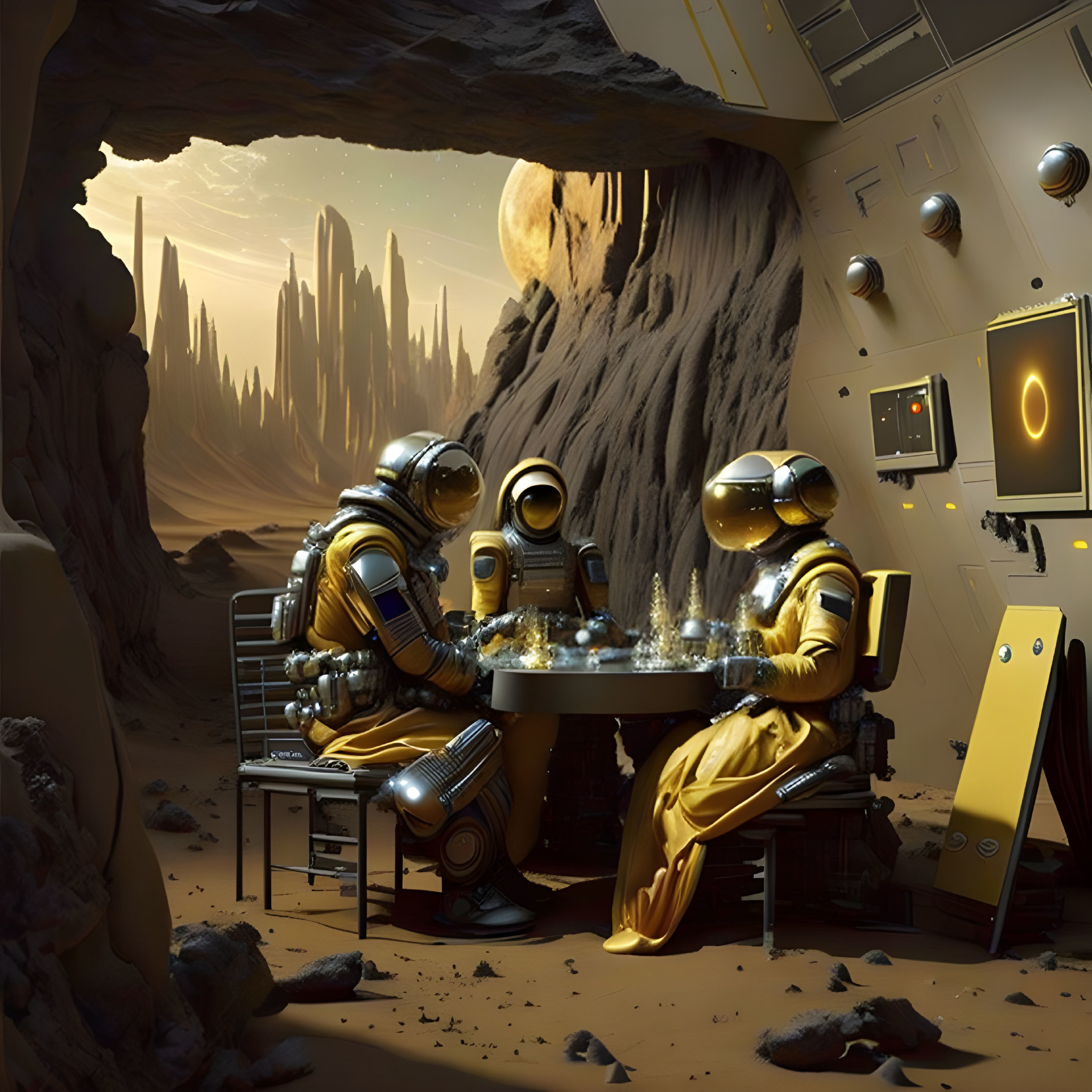 Astronauts playing holographic board game in Mars habitat