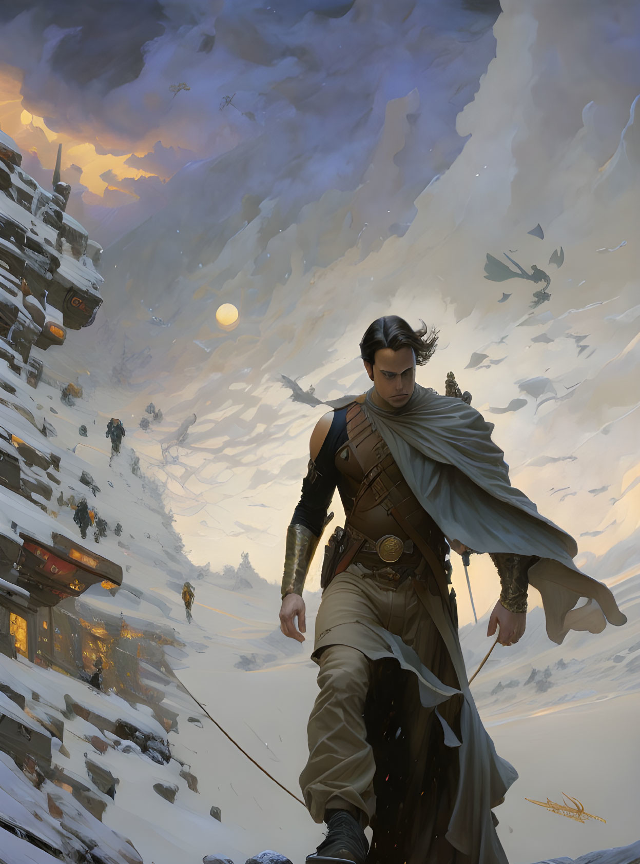 Warrior in snowy village under glowing sun and dark clouds