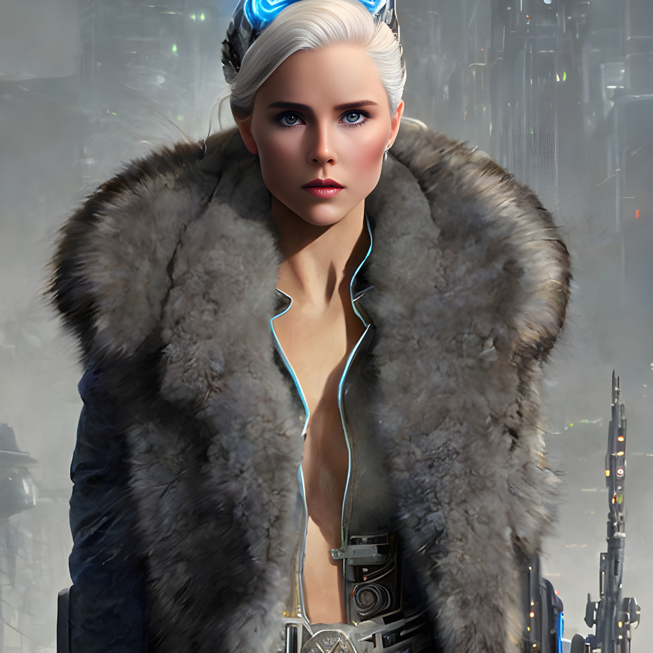 Futuristic digital artwork of woman with platinum blonde hair and sci-fi city backdrop