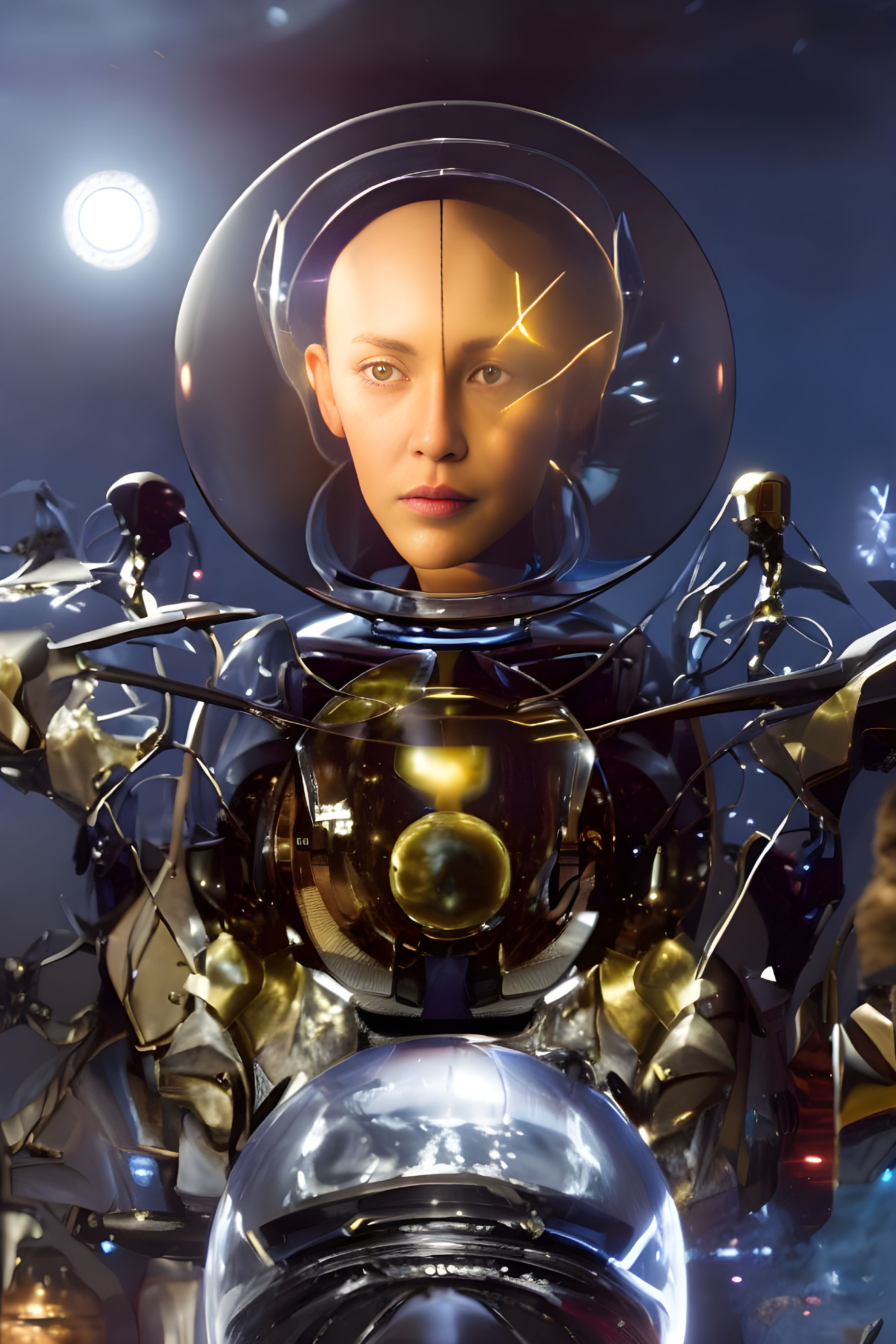 Futuristic Android with Transparent Dome Headpiece and Mechanical Body on Celestial Background