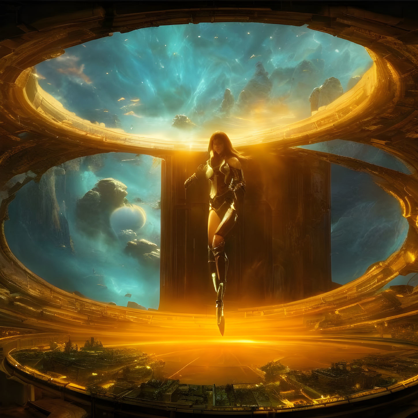 Futuristic figure in sleek armor before circular window with mystical landscape