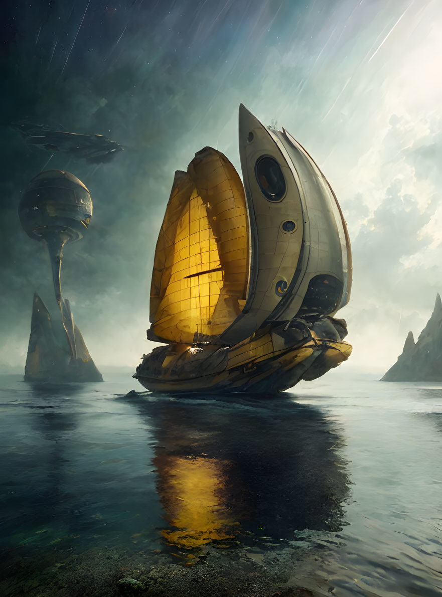 Fantastical ship with yellow sails on calm water under stormy sky and futuristic tower.