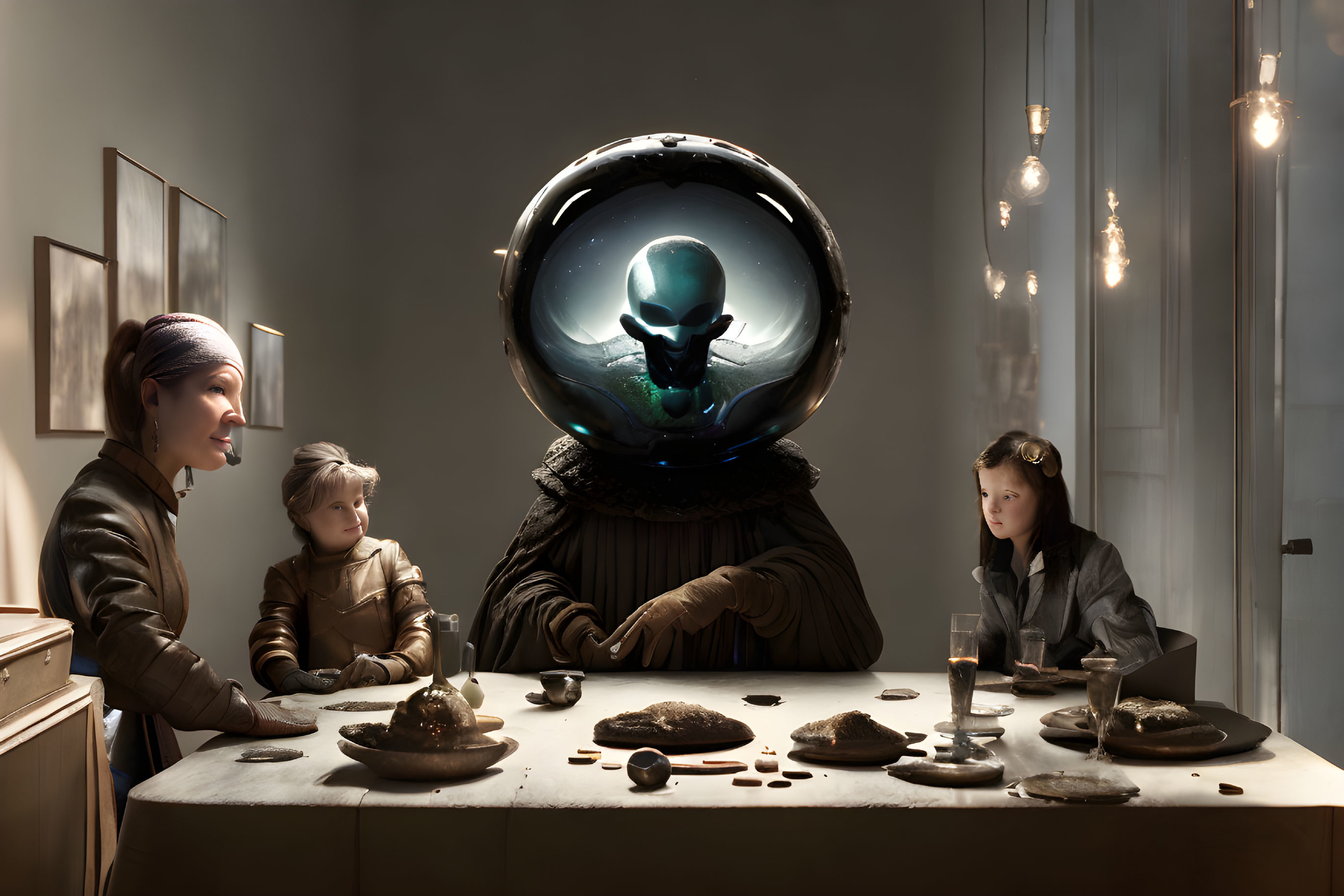 Family at dinner table with alien in glass sphere creates surreal atmosphere