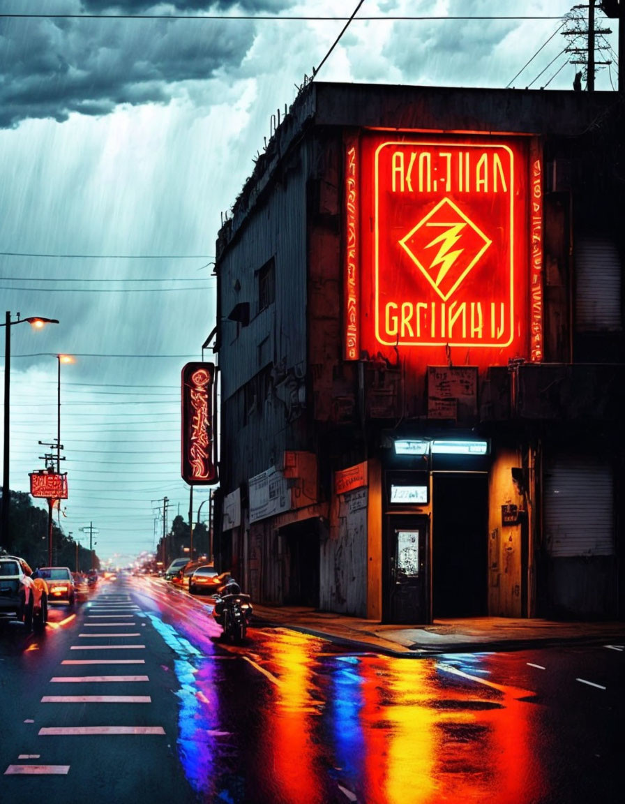 Neon-lit street scene with lone motorcyclist under stormy sky