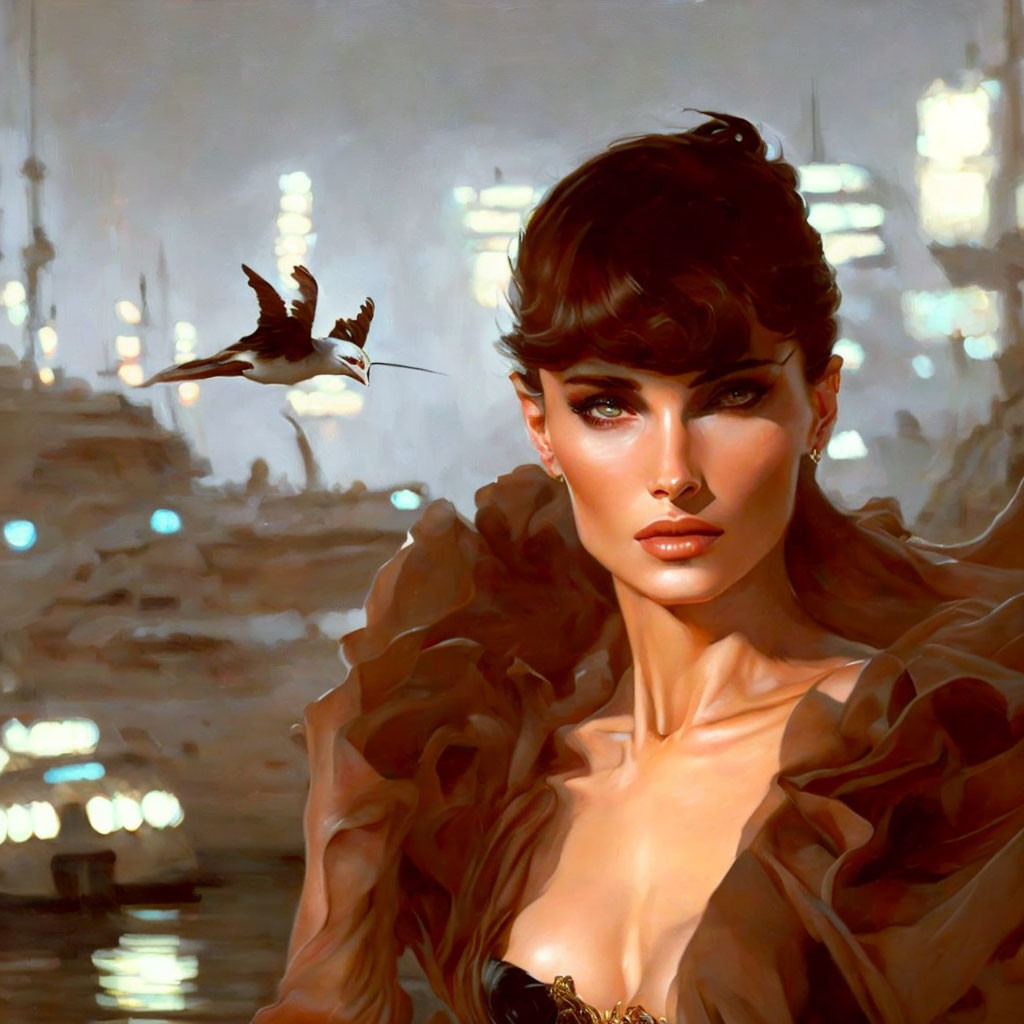 Portrait of woman with makeup and hummingbird against cityscape.