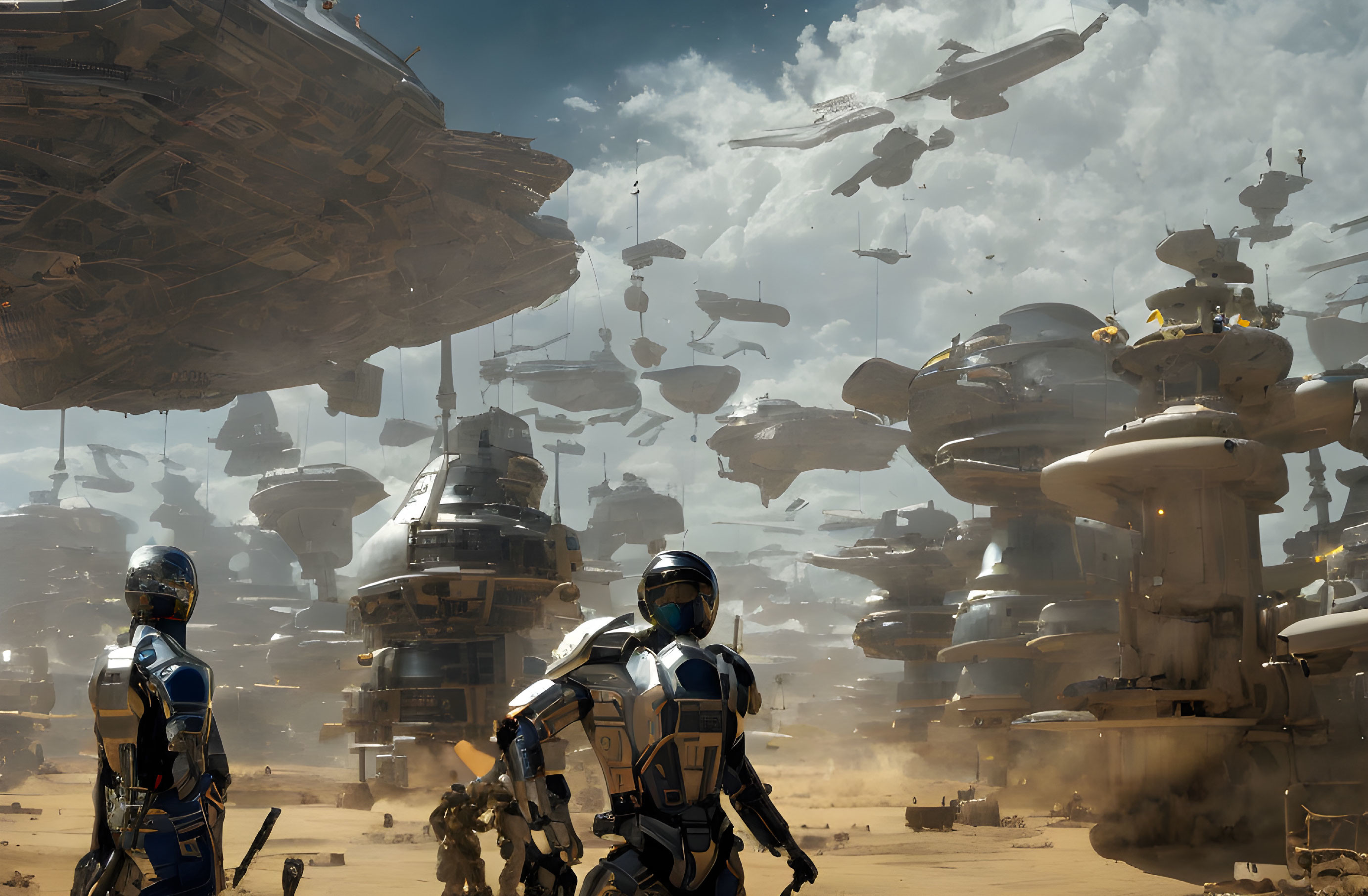 Astronauts in futuristic gear on desert planet with busy sky