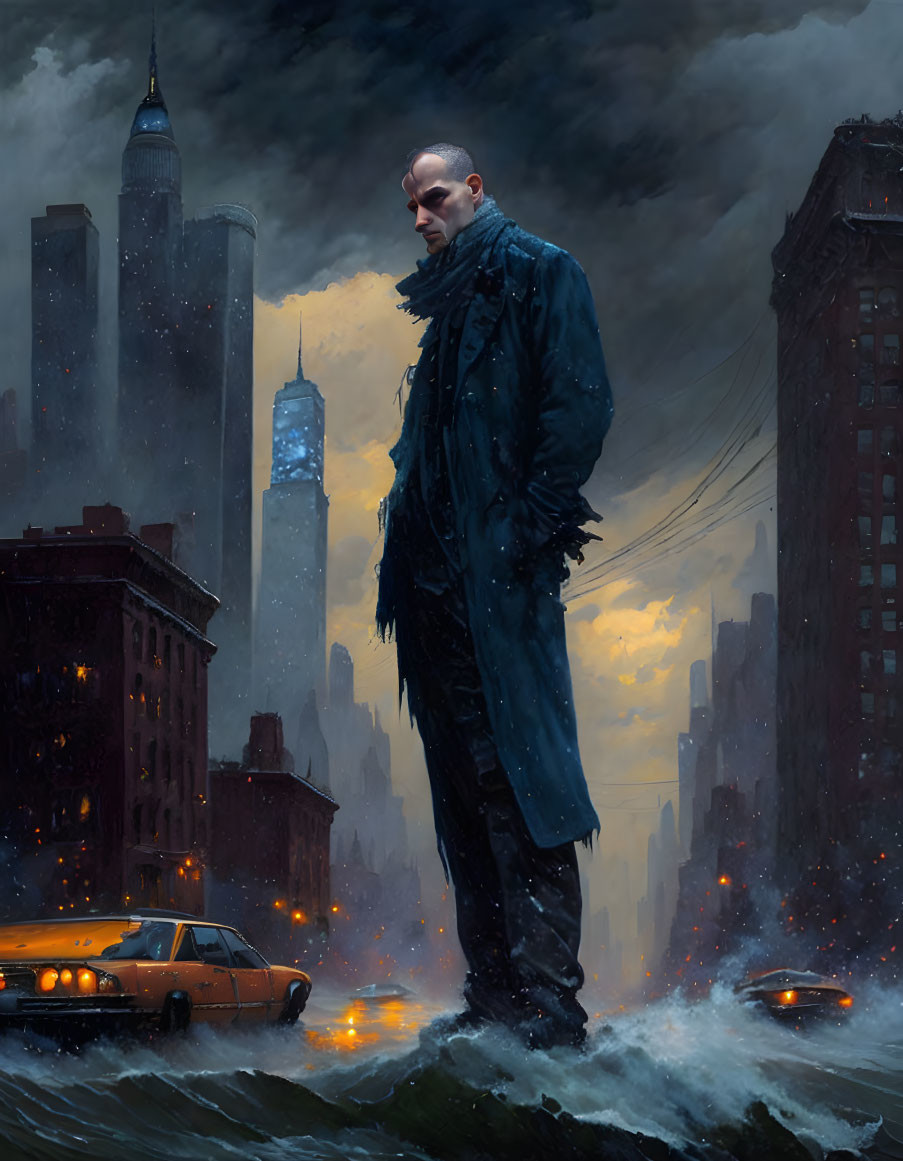 Man in dark coat on wet street at dusk with city skyline, taxis, and glowing lights.