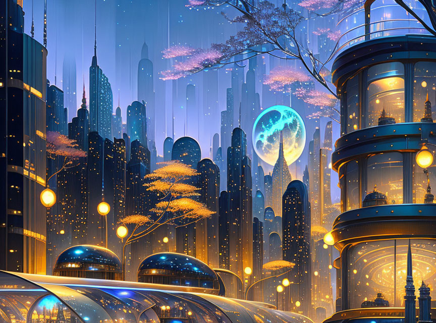 Futuristic cityscape at dusk with skyscrapers, cherry blossoms, moon, and transport