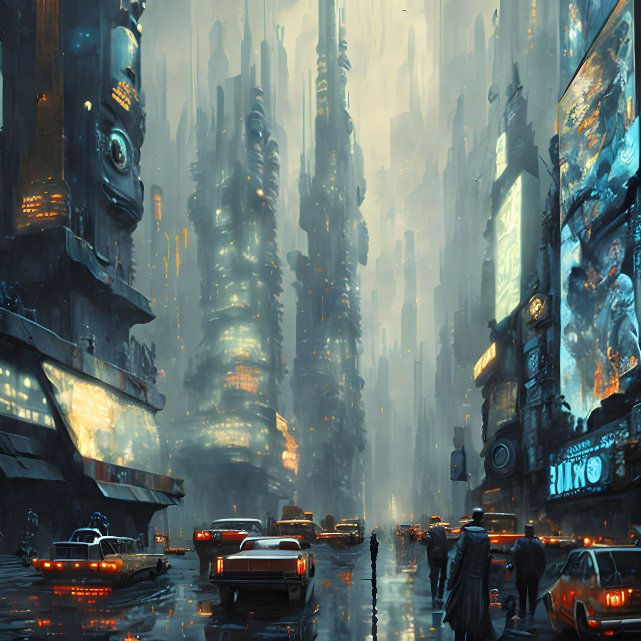 Futuristic cityscape with towering skyscrapers and neon signs