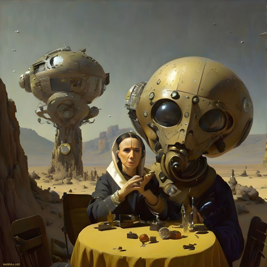 Woman at table with scattered objects, facing large robot head in futuristic desert landscape