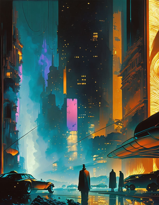 Futuristic car and person in neon-lit cyberpunk cityscape