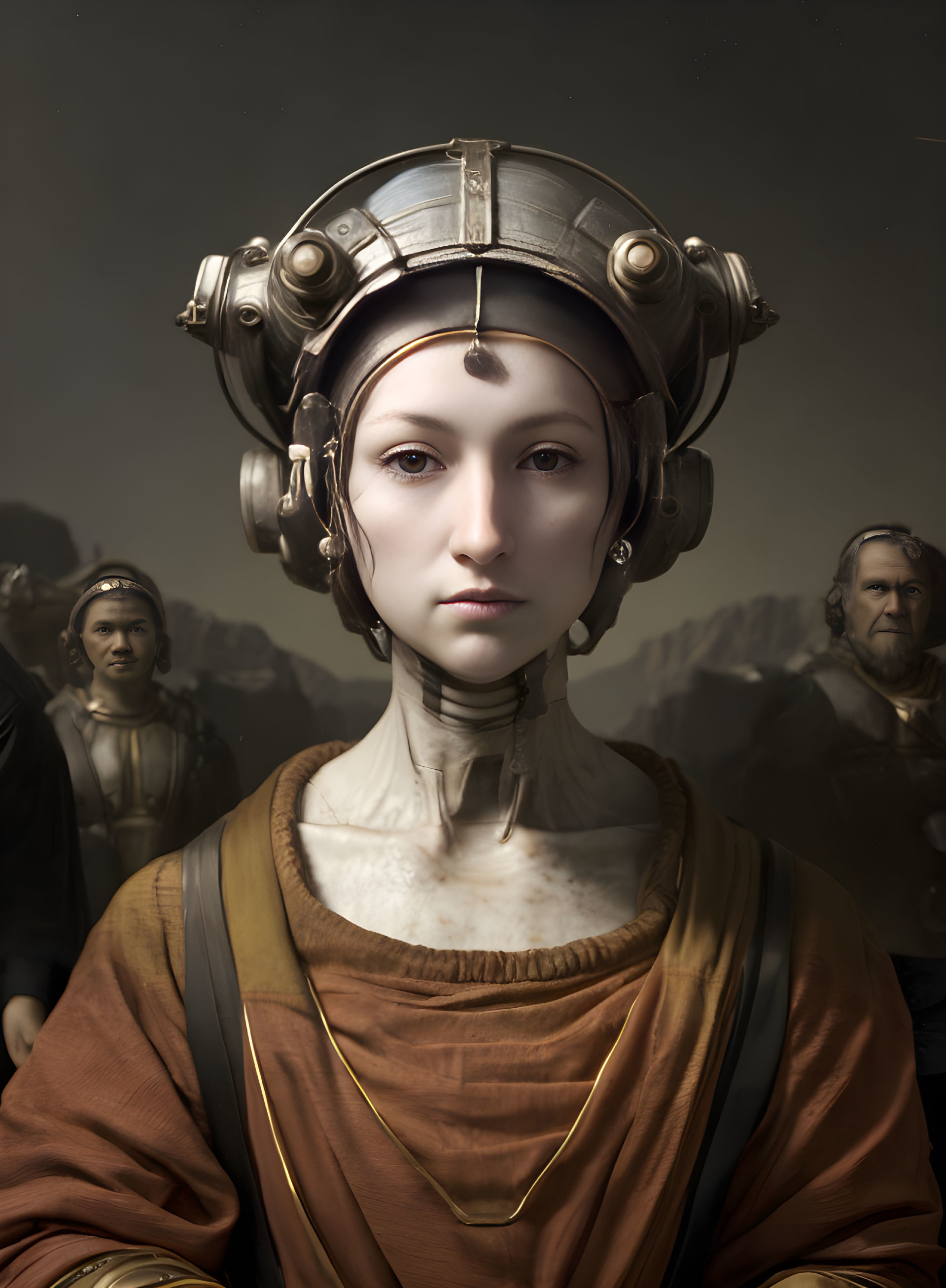 Futuristic helmet woman with classical attire and two men in mountainous setting