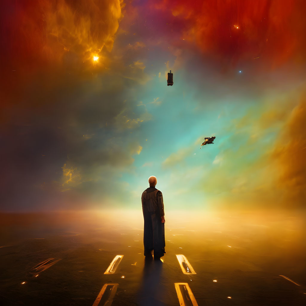 Bald person in robe gazes at dramatic sky with spaceships and vibrant nebula clouds