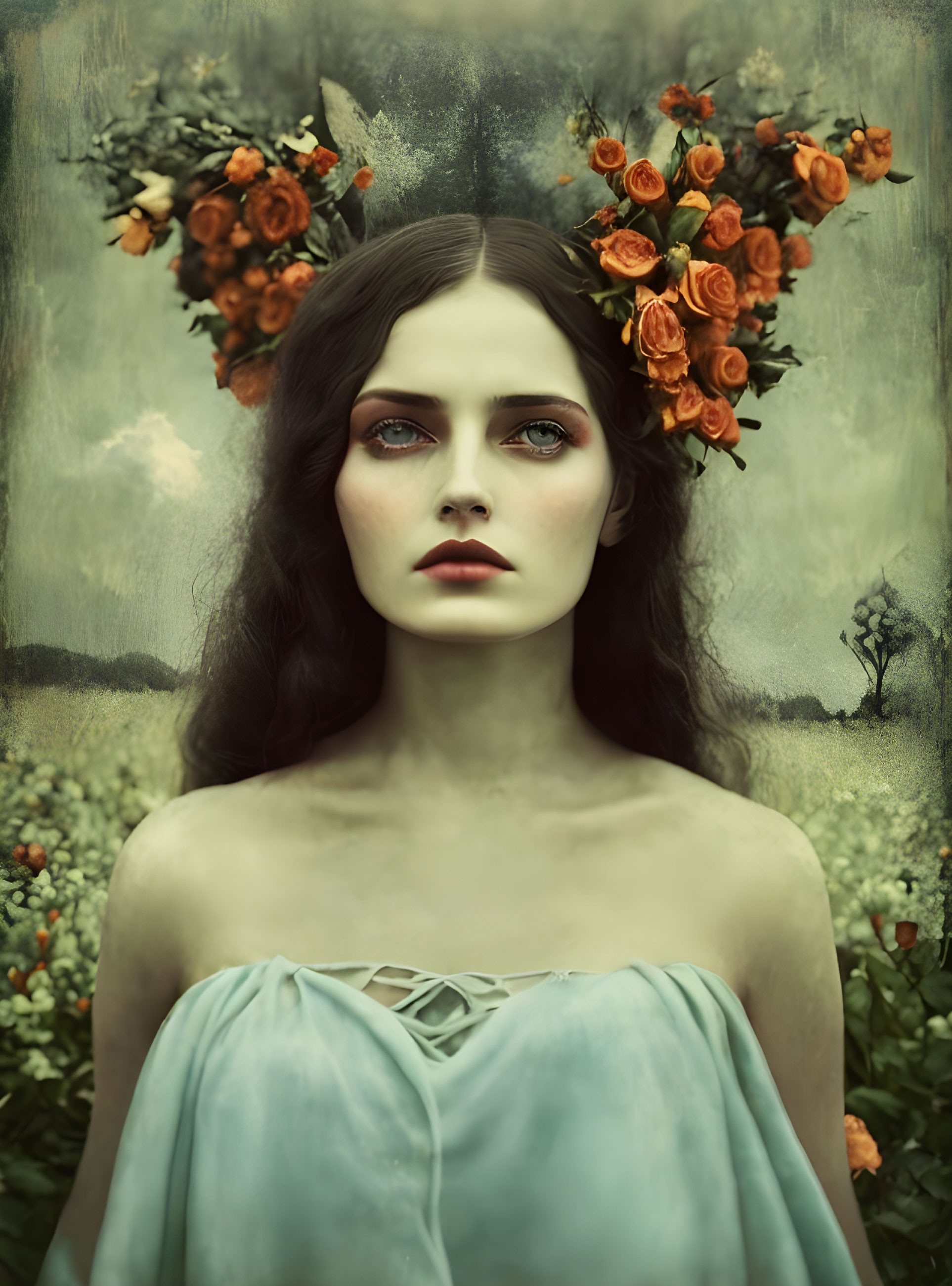 Woman in Floral Crown Portrait in Field with Haunting Gaze