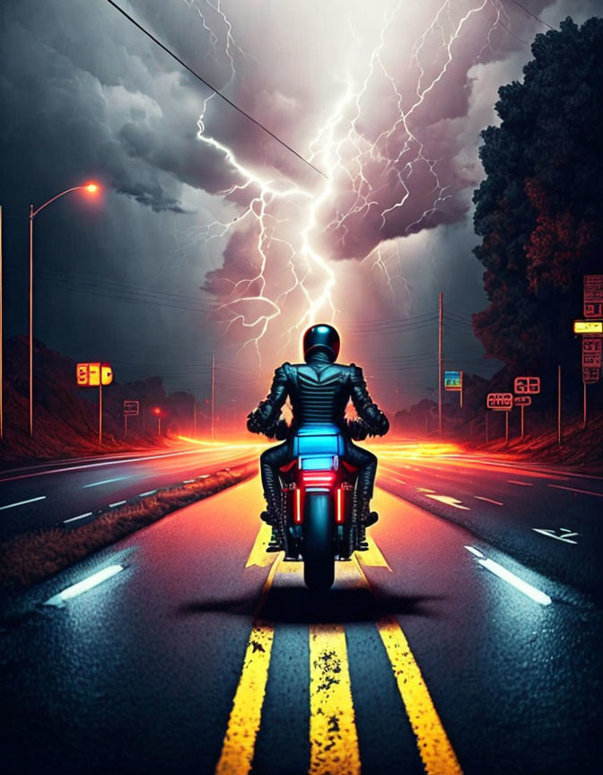 Futuristic rider on motorcycle in stormy night scene