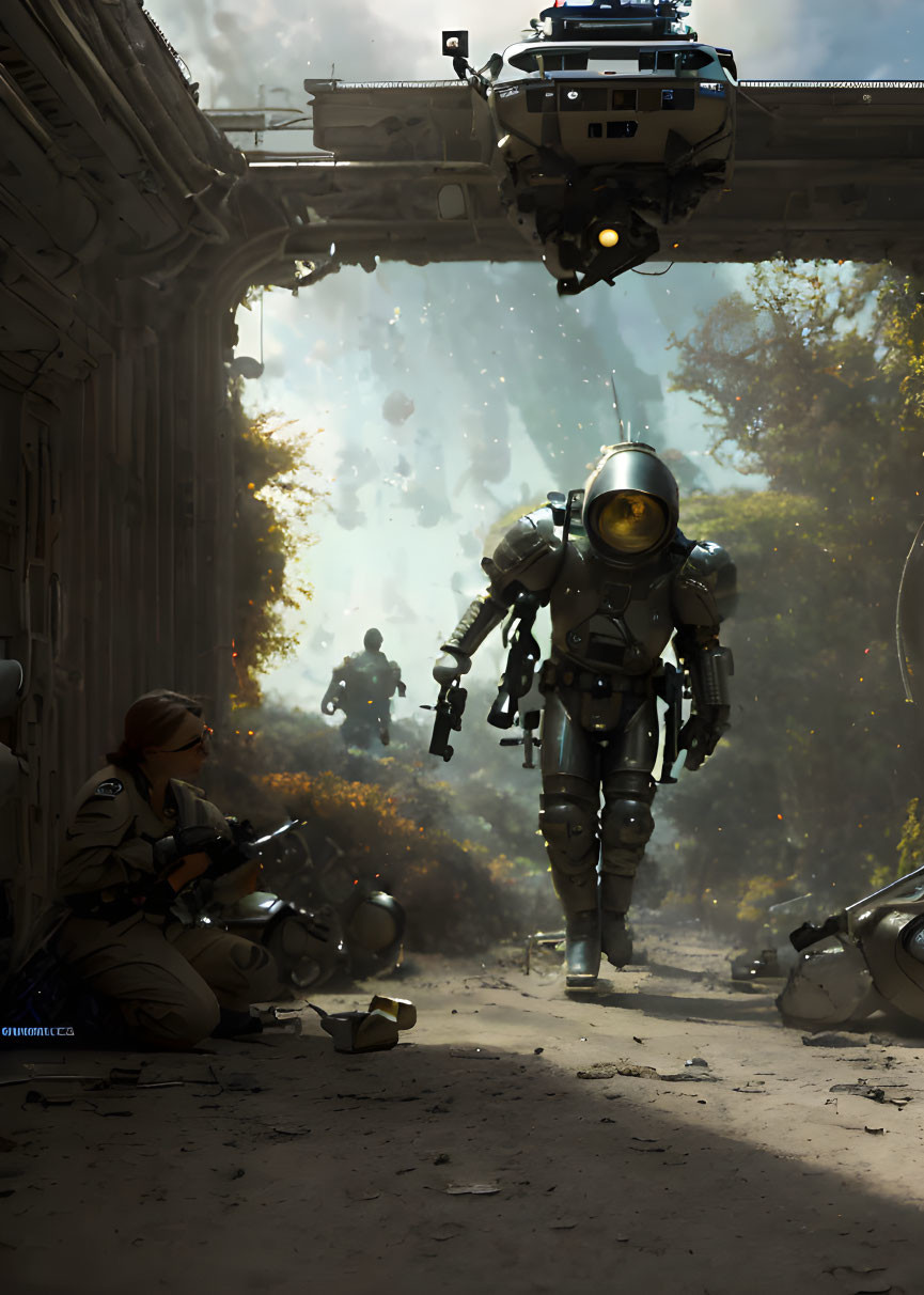 Futuristic soldier in heavy armor leads squad in urban ruin with hovering armored vehicle