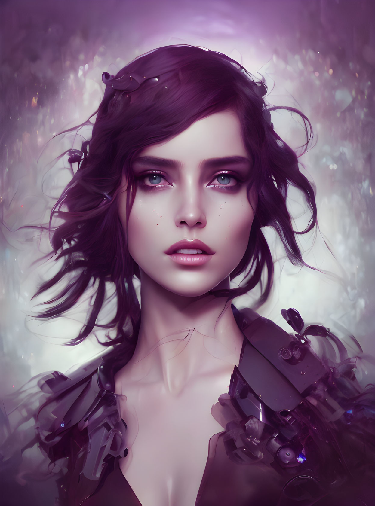 Portrait of woman with dark hair and futuristic shoulder armor against mystical purple backdrop.